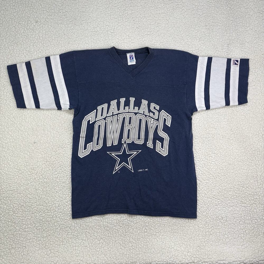 Vtg Dallas Cowboys Logo 7 Jersey Shirt Retro Small Spellout V-Neck Single Stitch